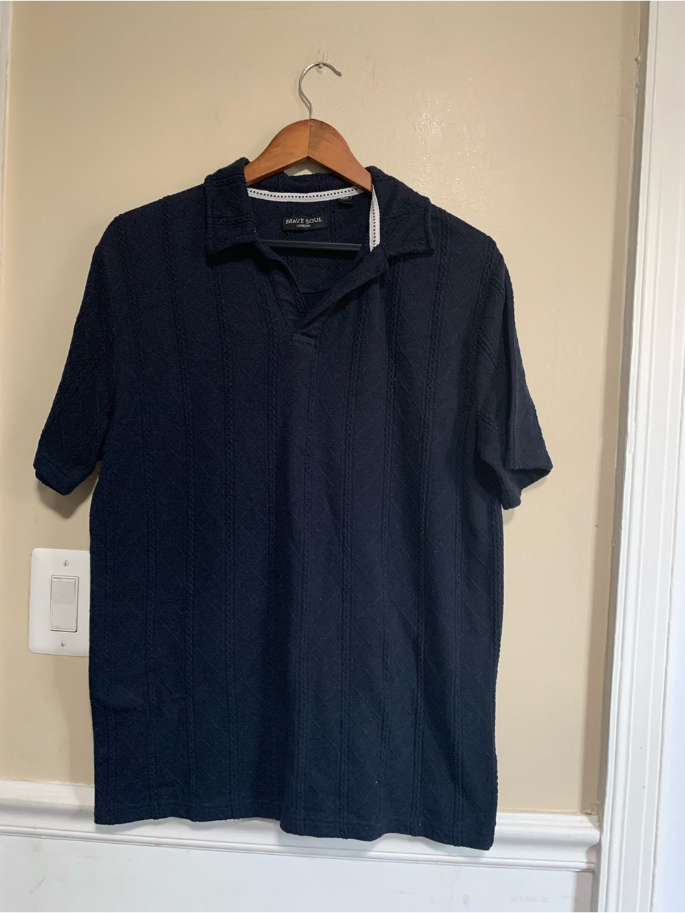 Brave Soul London Men M Navy Blue Textured Cable Knit Trophy Neck Polo Shirt